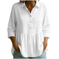 thumbnail image 1 of Lenpel 3/4 Length Sleeve Womens Tops Cotton Linen Trendy Button Collared Peplum Blouses Lightweight Solid Color Shirts, 1 of 5