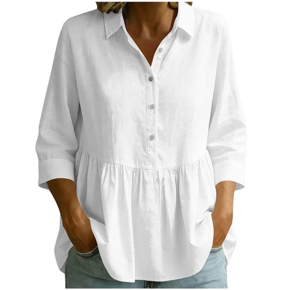 Lenpel 3/4 Length Sleeve Womens Tops Cotton Linen Trendy Button Collared Peplum Blouses Lightweight Solid Color Shirts