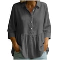 thumbnail image 1 of Lenpel 3/4 Length Sleeve Womens Tops Cotton Linen Trendy Button Collared Peplum Blouses Lightweight Solid Color Shirts, 1 of 5