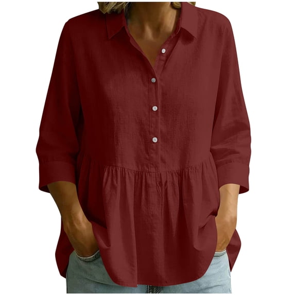 Lenpel 3/4 Length Sleeve Womens Tops Cotton Linen Trendy Button Collared Peplum Blouses Lightweight Solid Color Shirts