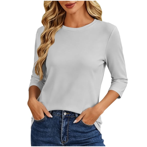 Lenpel 3/4 Length Sleeve Womens Tops Fall Lounge Crew Neck Basic Blouses Casual Loose Fashion Solid Color Shirts