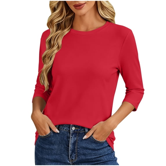 Lenpel 3/4 Length Sleeve Womens Tops Fall Lounge Crew Neck Basic Blouses Casual Loose Fashion Solid Color Shirts