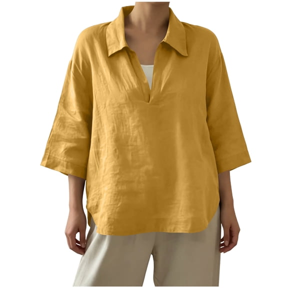 Lenpel 3/4 Length Sleeve Womens Tops Fashion Lapel V Neck Shirts Oversized Lightweight Side Split High Low Hem Blouses