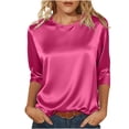 thumbnail image 1 of Lenpel 3/4 Length Sleeve Womens Tops Satin Crew Neck Solid Color Casual Blouses Lightweight Loose Fit Silky Shirts, 1 of 7