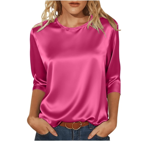 Lenpel 3/4 Length Sleeve Womens Tops Satin Crew Neck Solid Color Casual Blouses Lightweight Loose Fit Silky Shirts