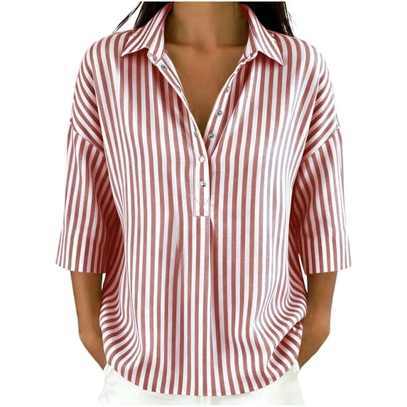 Lenpel 3/4 Length Sleeve Womens Tops Striped Fall Trendy Button Lapel Shirts Dressy Casual Oversized Lightweight Blouses