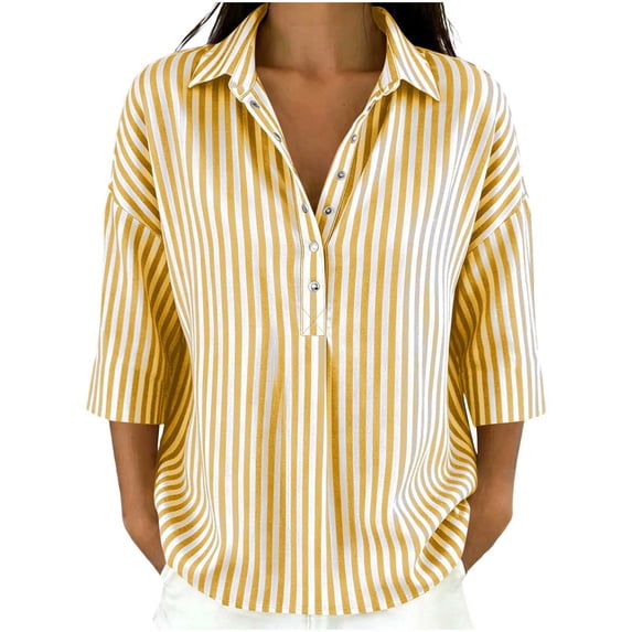Lenpel 3/4 Length Sleeve Womens Tops Striped Fall Trendy Button Lapel Shirts Dressy Casual Oversized Lightweight Blouses