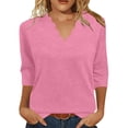 thumbnail image 1 of Lenpel 3/4 Length Sleeve Womens Tops Trendy Scalloped V Neck Basic Shirts Lightweight Casual Loose Comfy Soft Blouses, 1 of 6