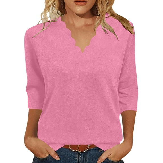 Lenpel 3/4 Length Sleeve Womens Tops Trendy Scalloped V Neck Basic Shirts Lightweight Casual Loose Comfy Soft Blouses