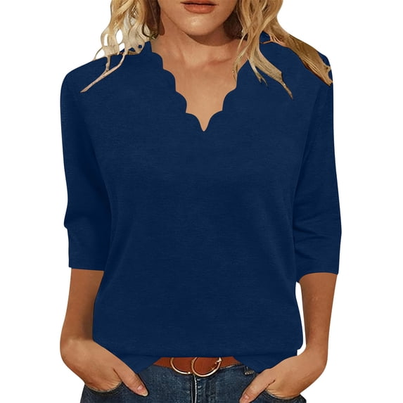 Lenpel 3/4 Length Sleeve Womens Tops Trendy Scalloped V Neck Basic Shirts Lightweight Casual Loose Comfy Soft Blouses