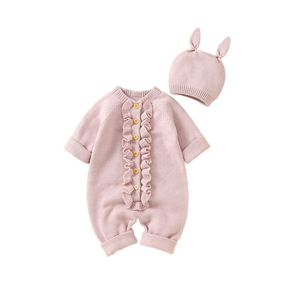 Lenpel Baby Boys Girls' Clothes Newborn Infant Ruffle Long Sleeve Button down Sweater Rompers Knitted Jumpsuit with Hat