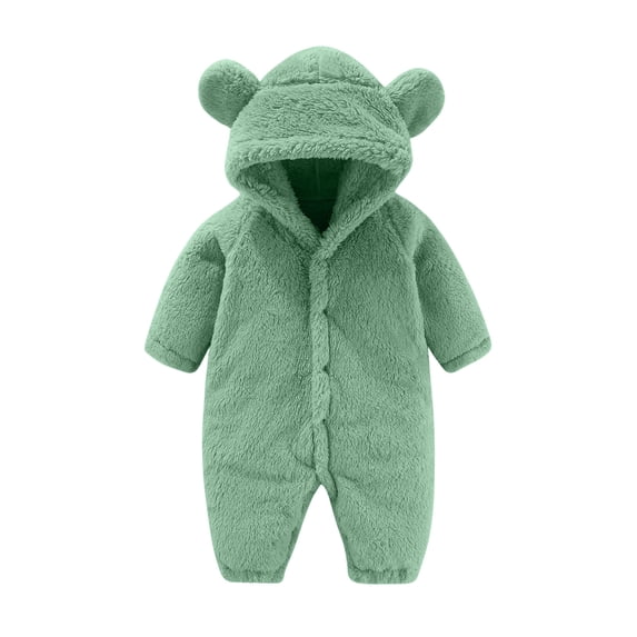 Lenpel Baby Boys Girls Jumpsuits Newborn Warm Cute Long Sleeve Hooded Fluffy Fleece Rompers Plain Plush Outwear Fall Winter Outfits(Green,3-6Months)