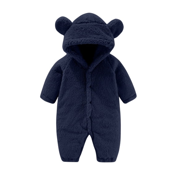 Lenpel Baby Boys Girls Jumpsuits Newborn Warm Cute Long Sleeve Hooded Fluffy Fleece Rompers Plain Plush Outwear Fall Winter Outfits(Navy,3-6Months)