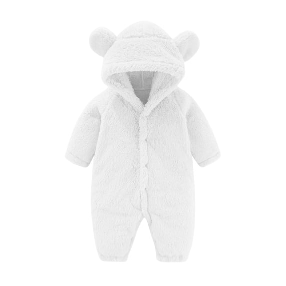 Lenpel Baby Boys Girls Jumpsuits Newborn Warm Cute Long Sleeve Hooded Fluffy Fleece Rompers Plain Plush Outwear Fall Winter Outfits(White,9-12Months)