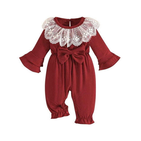 Lenpel Baby Girl Clothes Newborn Flare Long Sleeve Lace Trim Crew Neck Button Ruffle Rompers Ribbed Cotton Jumpsuits
