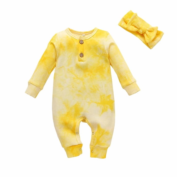 Lenpel Baby Girl Clothes Newborn Infant Ribbed Long Sleeve Button Tie Dye Rompers Soft Cotton Jumpsuits with Headband