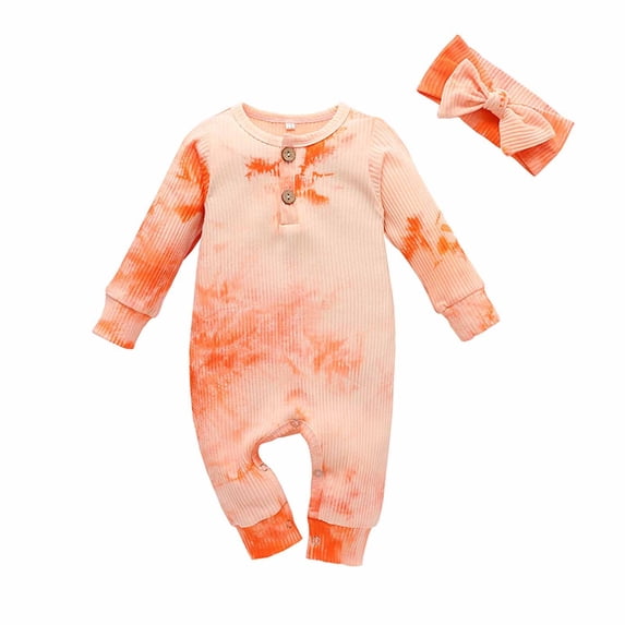Lenpel Baby Girl Clothes Newborn Infant Ribbed Long Sleeve Button Tie Dye Rompers Soft Cotton Jumpsuits with Headband