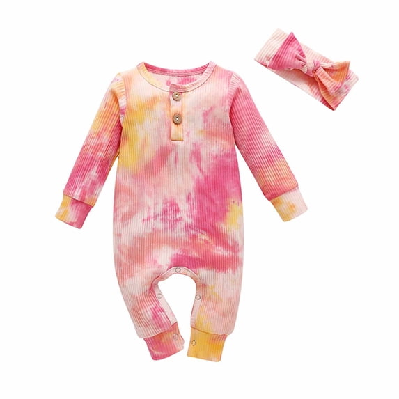 Lenpel Baby Girl Clothes Newborn Infant Ribbed Long Sleeve Button Tie Dye Rompers Soft Cotton Jumpsuits with Headband