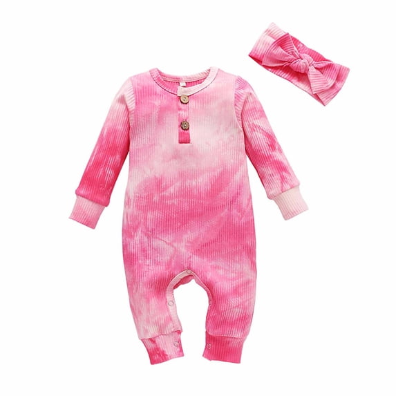 Lenpel Baby Girl Clothes Newborn Infant Ribbed Long Sleeve Button Tie Dye Rompers Soft Cotton Jumpsuits with Headband