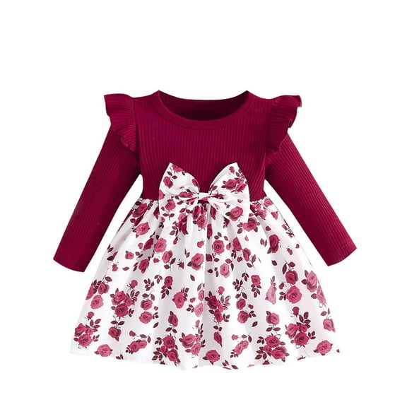 Lenpel Baby Girls' Dress Newborn Ribbed Crew Neck Ruffle Long Sleeve Floral Romper Dresses Infant Spring Fall Outfits