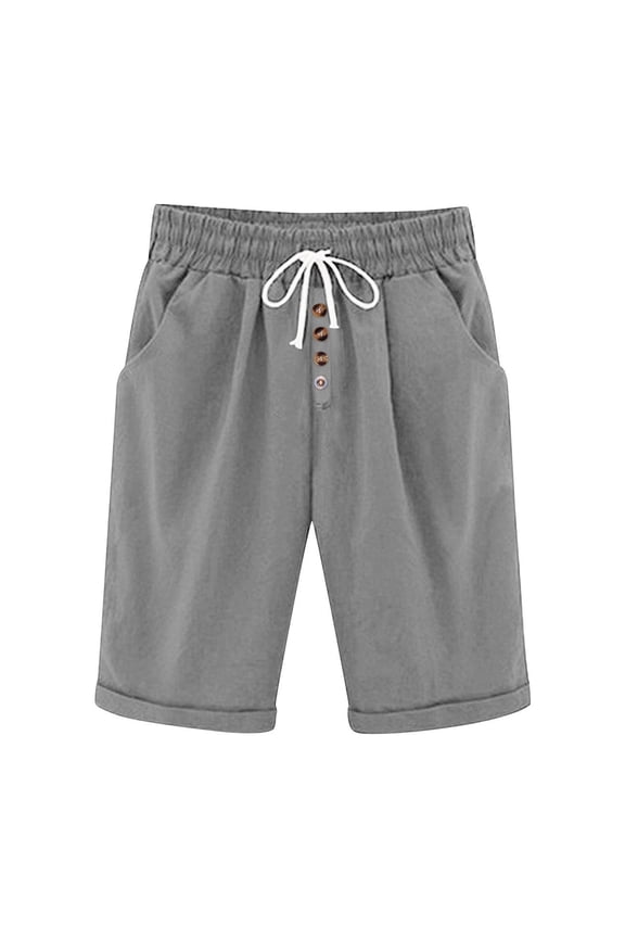 Bermuda Shorts for Women Elastic High Waisted Drawstring Button Front Knee Length Shorts Summer Casual Shorts with Pockets