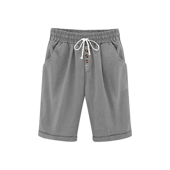 Lenpel Bermuda Shorts for Women Elastic High Waisted Drawstring Button Front Knee Length Shorts Summer Casual Shorts with Pockets