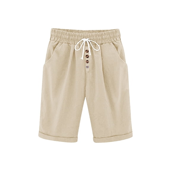 Lenpel Bermuda Shorts for Women Elastic High Waisted Drawstring Button Front Knee Length Shorts Summer Casual Shorts with Pockets