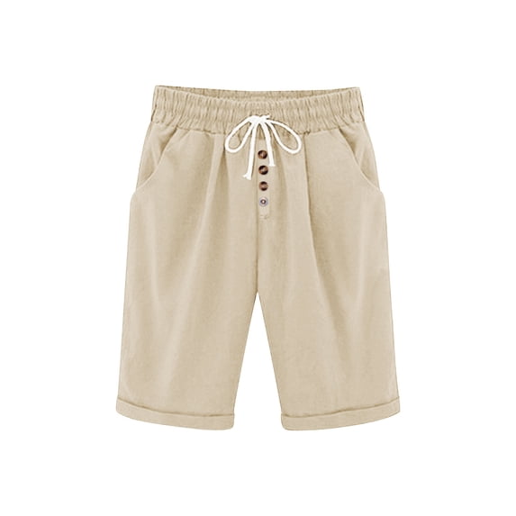 Lenpel Bermuda Shorts for Women Elastic High Waisted Drawstring Button Front Knee Length Shorts Summer Casual Shorts with Pockets