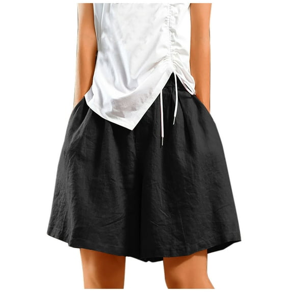 Lenpel Bermuda Shorts for Women Elastic High Waisted Knee Length Wide Leg Shorts Baggy Casual Shorts with Pockets