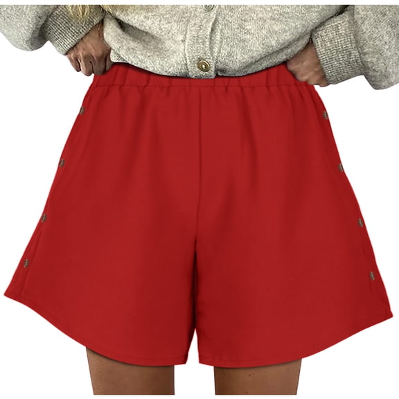 Lenpel Bermuda Shorts for Women Elastic High Waisted Side Button Wide Leg Lounge Shorts Summer Casual Shorts with Pockets
