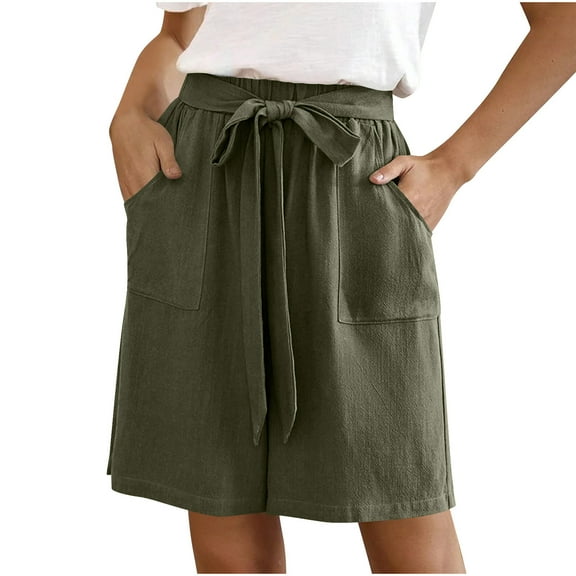 Lenpel Bermuda Shorts for Women Elastic High Waisted Tie Front Wide Leg Shorts Summer Casual Beach Shorts with Pockets