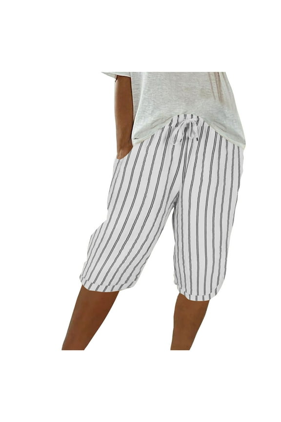 Bermuda Shorts for Women Elastic High Waisted Wide Leg Striped Knee Length Shorts Summer Casual Shorts with Pockets