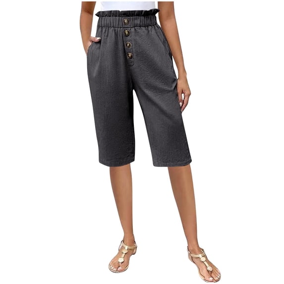 Lenpel Bermuda Shorts for Women Ruffle Elastic High Waisted Button Front Straight Leg Knee Length Shorts Pull on Casual Shorts