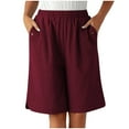 thumbnail image 1 of Lenpel Bermuda Shorts for Women Summer Casual Elastic High Waisted Wide Leg Shorts Knee Length Shorts with Pockets, 1 of 7