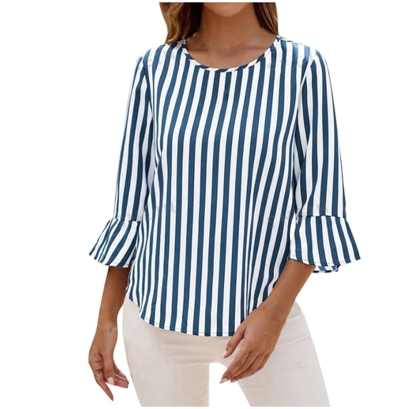 Lenpel Blouse for Women Spring Summer 3/4 Ruffle Sleeve Crew Neck Striped Loose Tunic Tops Dressy Casual T-Shirts