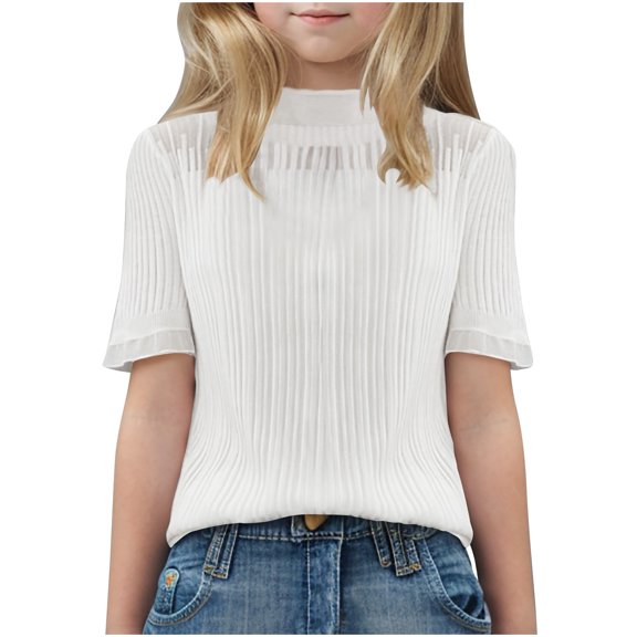 Lenpel Blouses for Girls Ruffle Short Sleeve Mesh Mock Neck Ribbed Textured Lace Shirts Casual Loose Tee Tops 6-15 Y