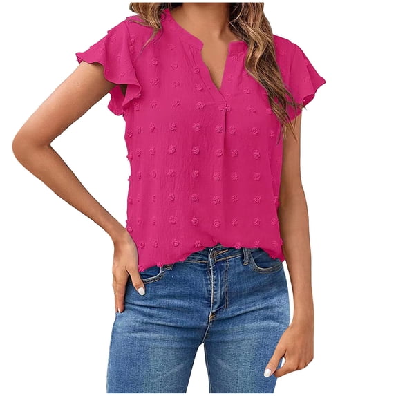 Lenpel Blouses for Women Fashion V Neck Ruffle Short Sleeve Dressy Casual Shirts Loose Summer Tops