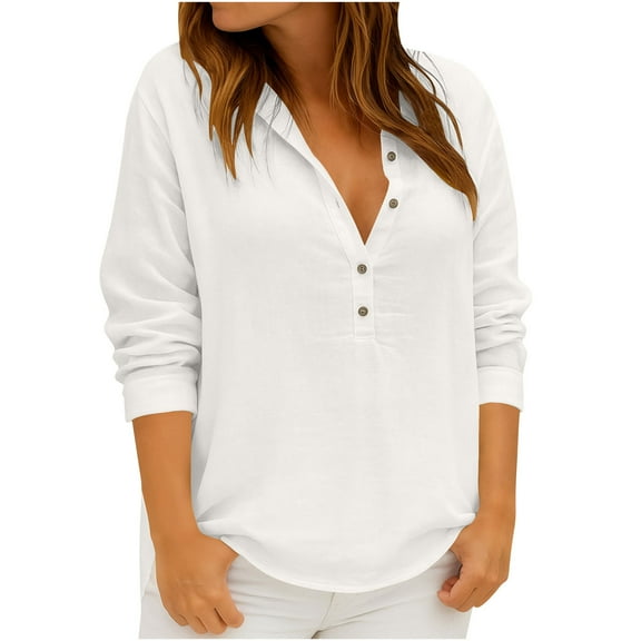 Lenpel Blouses for Women Dressy Casual Long Sleeve Half Button Collared Curved Hem Cotton Lined Tops Loose Work Shirts(White,Medium)