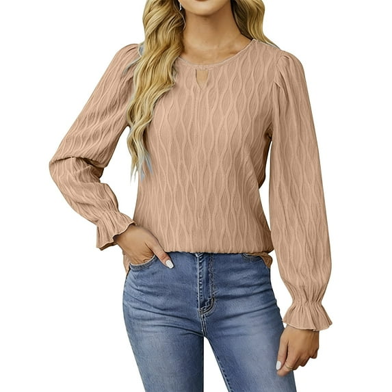 Lenpel Blouses for Women Dressy Casual Ruffle Long Sleeve Crew Neck Cut out Textured Business Work Shirts Loose Tunic Tops(Khaki,Large)