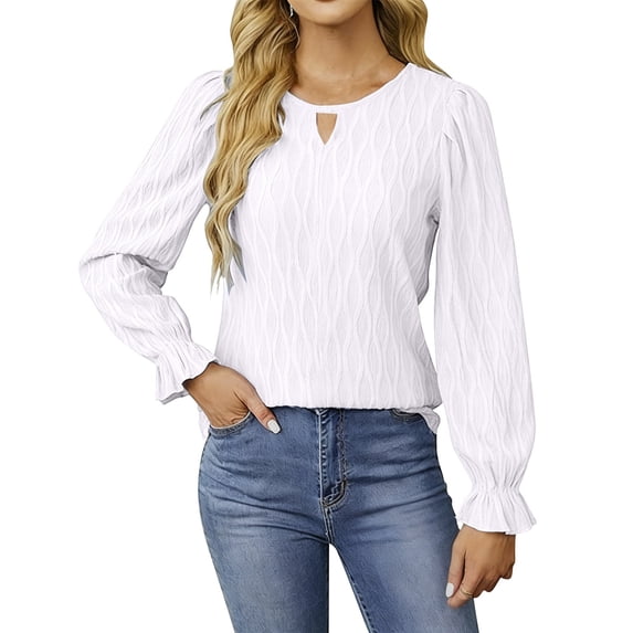 Lenpel Blouses for Women Dressy Casual Ruffle Long Sleeve Crew Neck Cut out Textured Business Work Shirts Loose Tunic Tops(White,Small)