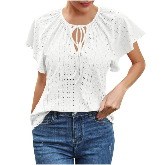 Lenpel Blouses for Women Dressy Casual Ruffle Short Sleeve V Neck Tie Front Eyelet Embroidered Shirts Trendy Summer Tops