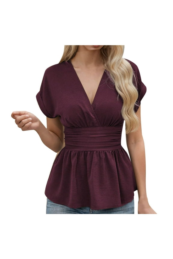Blouses for Women Dressy Casual Short Sleeve Wrap V Neck Ruched Ruffle Peplum Tops Trendy Summer Clothes