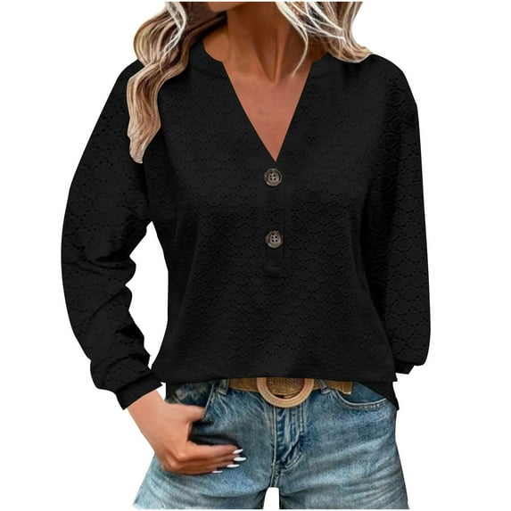 Lenpel Blouses for Women Dressy Casual V Neck Half Button Eyelet Solid Color Long Sleeve Tops Loose Fall Shirts