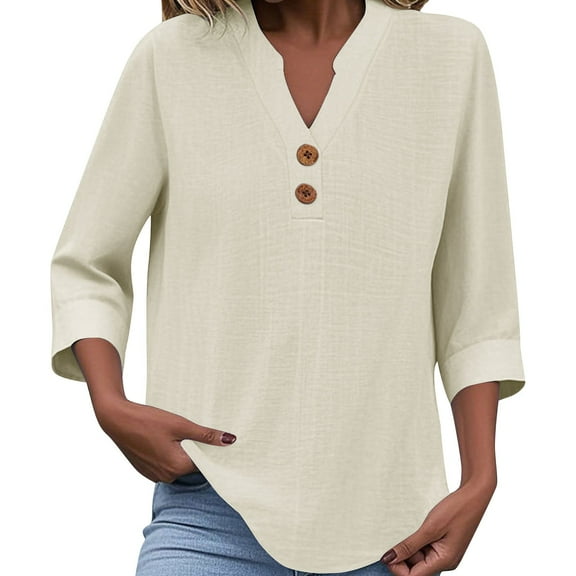 Lenpel Blouses for Women Dressy Casual V Neck Quarter Button 3/4 Length Sleeve Tops Trendy Spring Summer Clothes