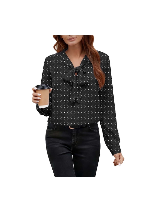 Blouses for Women Dressy Long Sleeve Bow Tie Neck Curved Hem Business Casual Work Tops Loose Office Shirts(Black,Large)