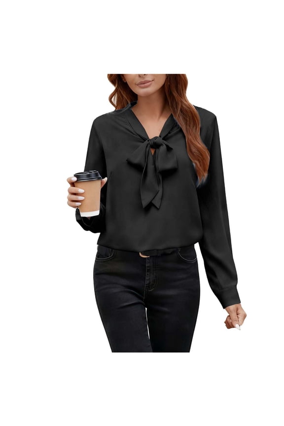 Blouses for Women Dressy Long Sleeve Bow Tie Neck Curved Hem Business Casual Work Tops Loose Office Shirts(Black,Medium)