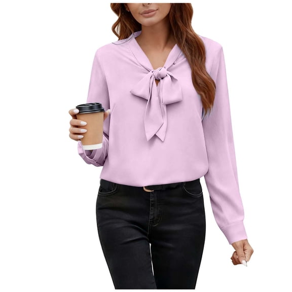 Lenpel Blouses for Women Dressy Long Sleeve Bow Tie Neck Curved Hem Business Casual Work Tops Loose Office Shirts(Pink,X-Large)