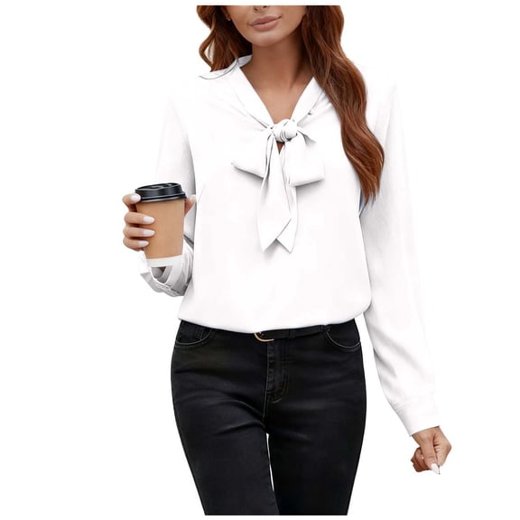 Lenpel Blouses for Women Dressy Long Sleeve Bow Tie Neck Curved Hem Business Casual Work Tops Loose Office Shirts(White,X-Large)