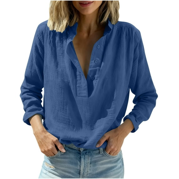 Lenpel Blouses for Women Long Sleeve Half Button Collared Pleated Solid Color Casual Tops Loose Trendy Blouses(Blue,XX-Large)