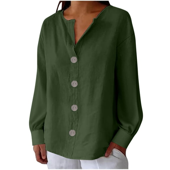 Lenpel Blouses for Women Long Sleeve V Neck Solid Color Button down Shirts Trendy Casual Tops Loose Tunic Tops(Army Green,Small)